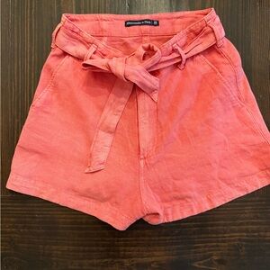 Abercrombie & Fitch Coral Linen Pink High-Waist Tie-Belt Shorts
